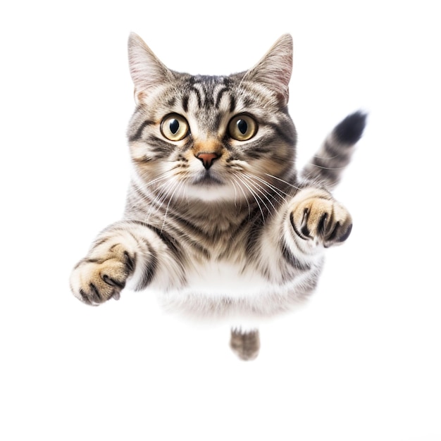 Un gato vuela por el aire y mira hacia arriba.
