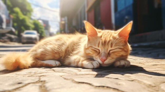 Gato yace en la calle en un día soleado de verano