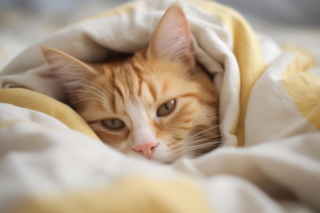 Gato yace debajo de una manta y sábanas Gatito en la cama Gato yace en la ropa de cama Ilustración generativa de IA
