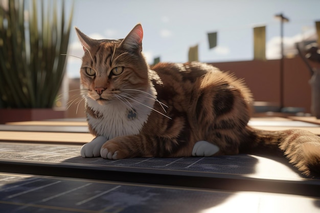 El gato yace en el panel solar una fuente alternativa tecnologías limpias de la IA futura generada
