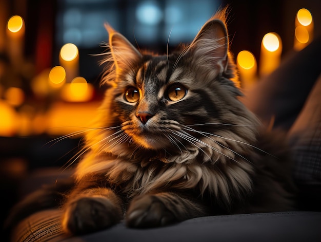 El gato yace en el sofá en una habitación oscura sobre un fondo borroso IA generativa