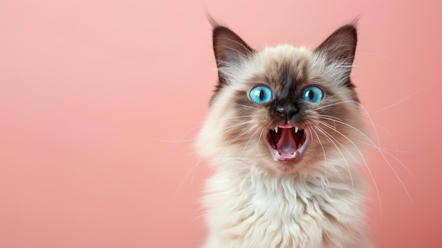 Foto gato zangado balinês mostrando os dentes com iluminação de estúdio com fundo pastel