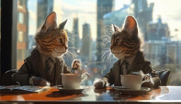 Gatos 3D dinámicos en trajes de negocios haciendo una lluvia de ideas sobre el café en un salón de la oficina