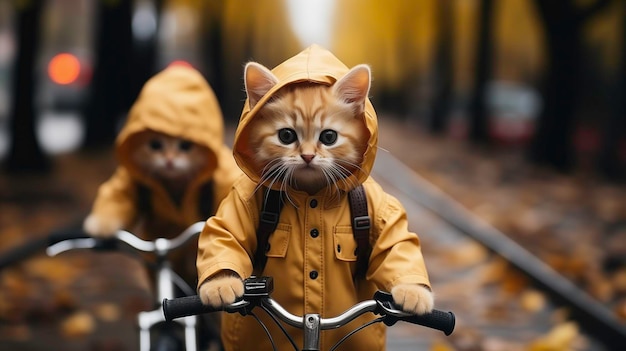 Foto gatos a andar de bicicleta com casaco de chuva