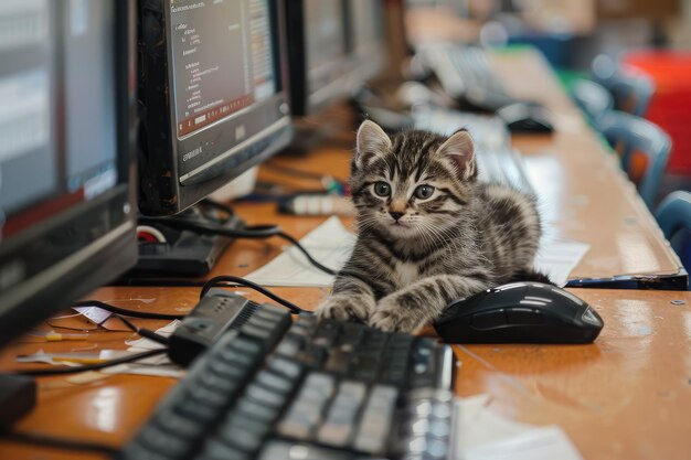 Los gatos en el aula de computación de la escuela primaria El gato inteligente trabaja en la programación de computadoras