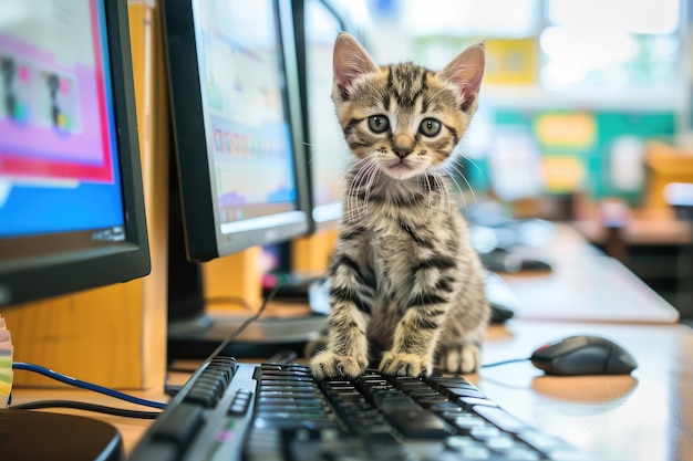 Los gatos en el aula de computación de la escuela primaria El gato inteligente trabaja en la programación de computadoras