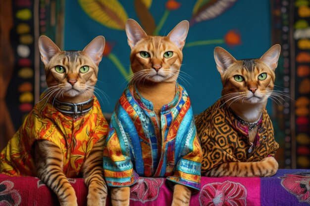 Foto gatos boêmios coloridos moda felina brincalhona