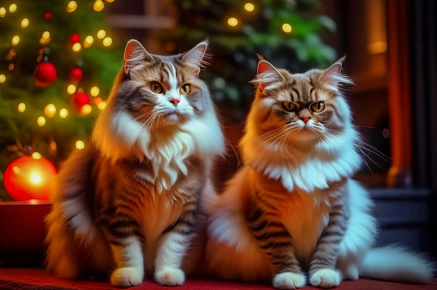 Gatos bonitos com presentes de Natal num interior festivo