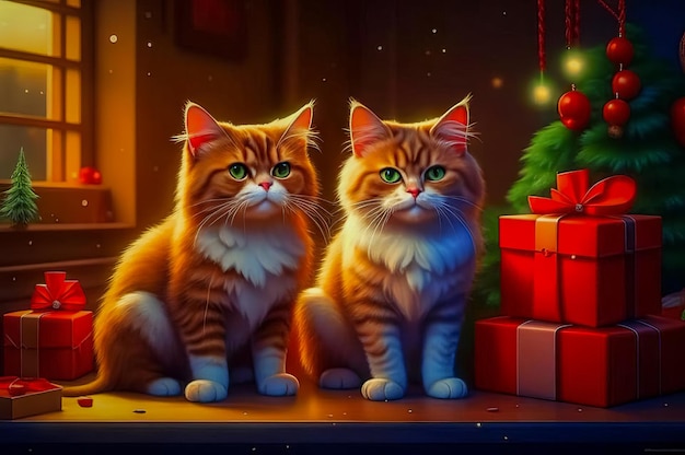 Gatos bonitos com presentes de Natal num interior festivo