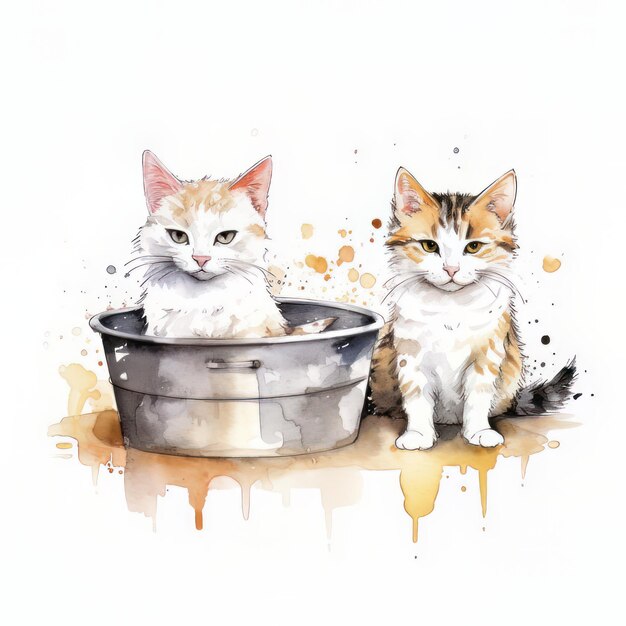 Gatos bonitos em um banho Aquarela ilustração desenhada à mão