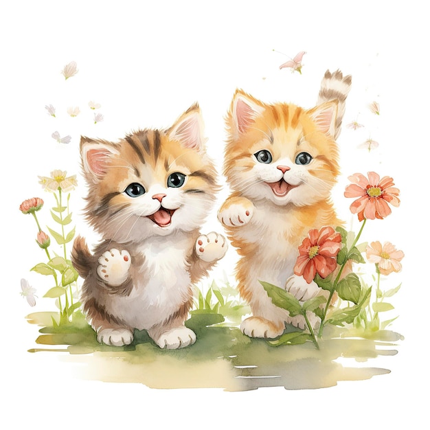 Gatos bonitos estão entusiasmados com aquarela chinesa alegre e botânica