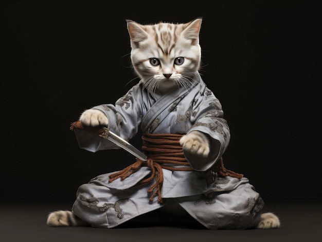 Gatos bonitos, gatinhos vestindo roupas de ninja e samurai.