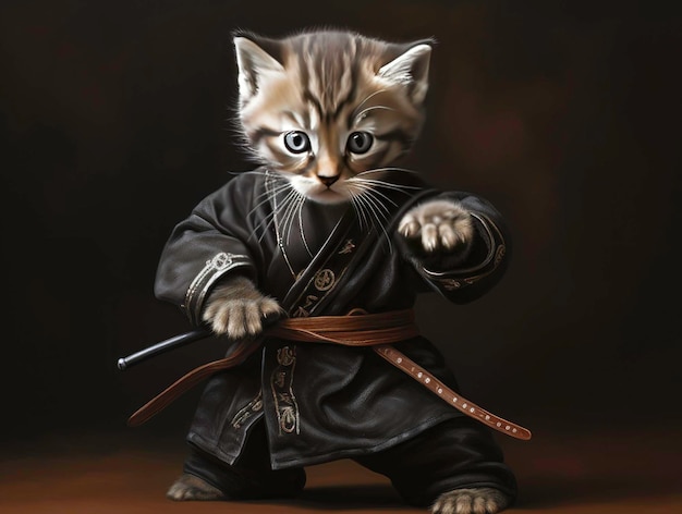 Gatos bonitos, gatinhos vestindo roupas de ninja e samurai.