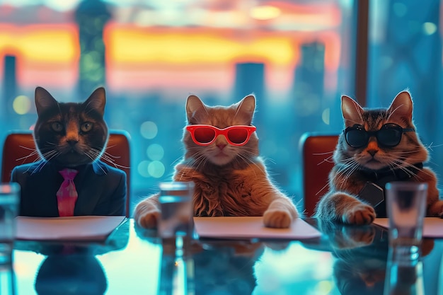 Foto gatos brincalhões vestidos como líderes corporativos em uma discussão vibrante