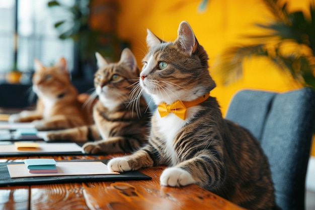 Foto gatos brincalhões vestidos como líderes corporativos em uma discussão vibrante