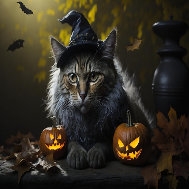 gatos y calabazas de Halloween