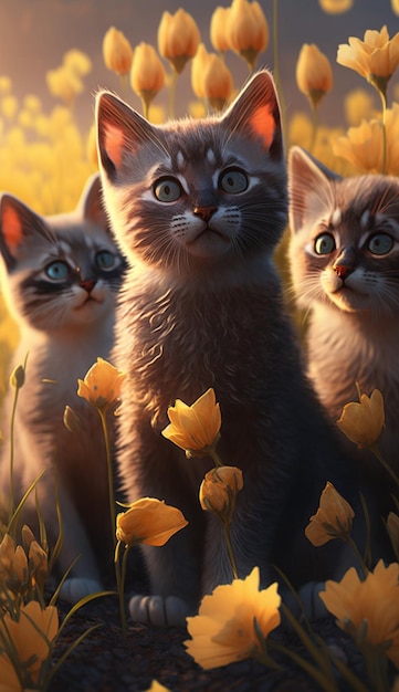 Gatos en un campo de flores.