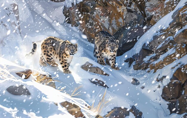 Los gatos camuflados los leopardos de nieve ágiles