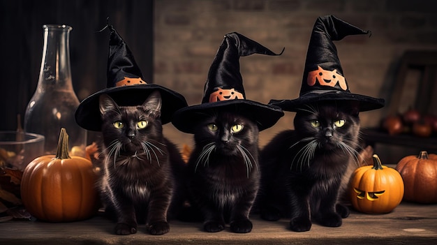 Foto gatos caprichosos e divertidos em chapéus de bruxas se reúnem para uma celebração de halloween