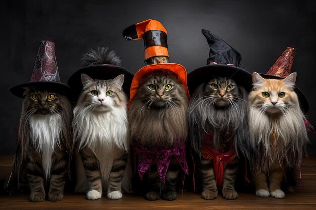 Foto gatos caprichosos e divertidos em chapéus de bruxas se reúnem para uma celebração de halloween