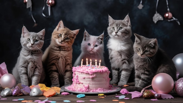 Gatos celebram aniversários usando bolo e velas de aniversário