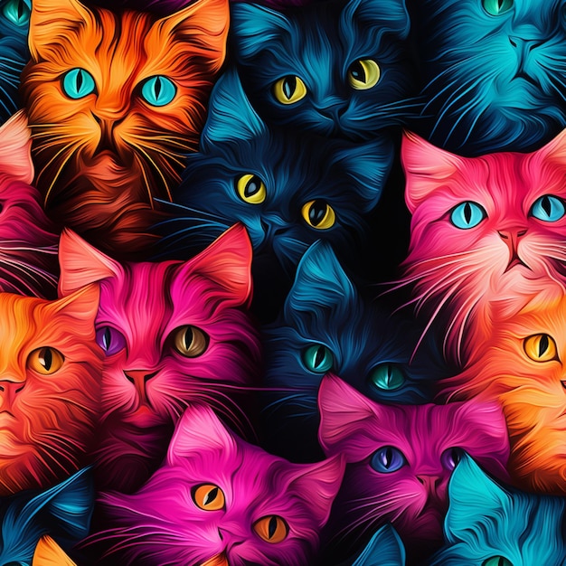 Foto los gatos de colores brillantes están todos mirando en la misma dirección generativa ai