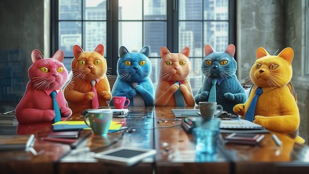 Foto gatos coloridos de desenho animado 3d como empresários em uma reunião animada compartilhando ideias com entusiasmo