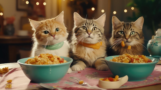 Gatos comiendo cereal en un primer plano de plato 4k