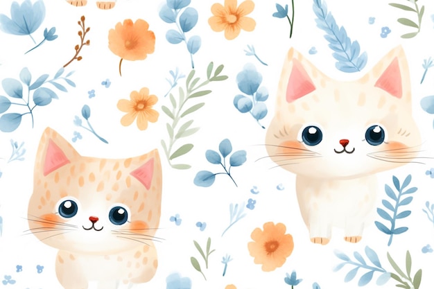 Gatos de aquarela vagueando com serenidade floral