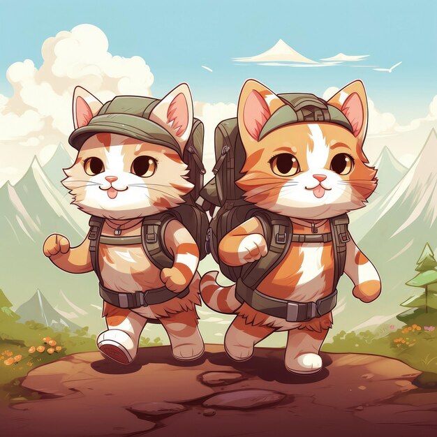 Foto gatos de dibujos animados viajeros con mochilas en el fondo de las montañas