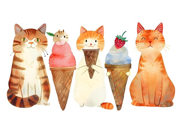Gatos e seus amigos animais desfrutando de cones de sorvete em uma caprichosa aquarela inspirada em digital