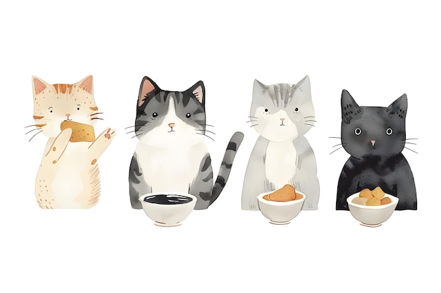 Gatos e seus amigos animais desfrutando de nuggets de frango em um fundo branco com arte minimalista