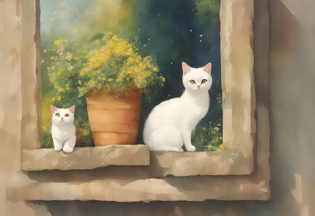 Gatos em uma janela antiga ilustração em aquarela gerada por ai