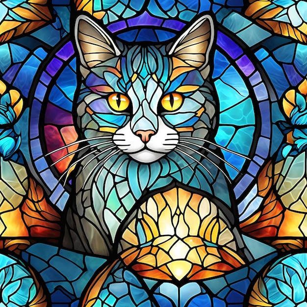 Gatos em uma janela de vidro colorido Ilustração colorida