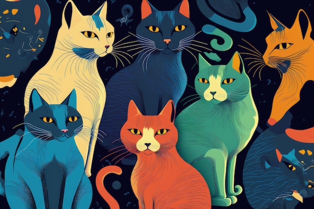 Gatos em várias cores em um padrão perfeito em um pano de fundo azul
