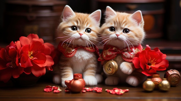 Foto gatos felizes com papel vermelho de alto angulo feliz ano novo fundo hd fundo