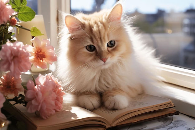 Gatos y flores en el libro