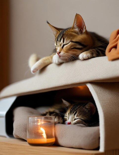 gatos fofos e peludos dormindo na sala de estar