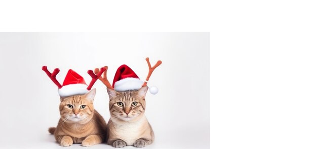 Gatos y gatitos celebrando las vacaciones de Navidad en un sombrero rojo de Santa Claus con cuernos de reno