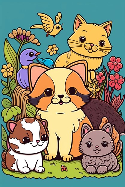 gatos y gatitos de dibujos animados en un jardín con flores y pájaros