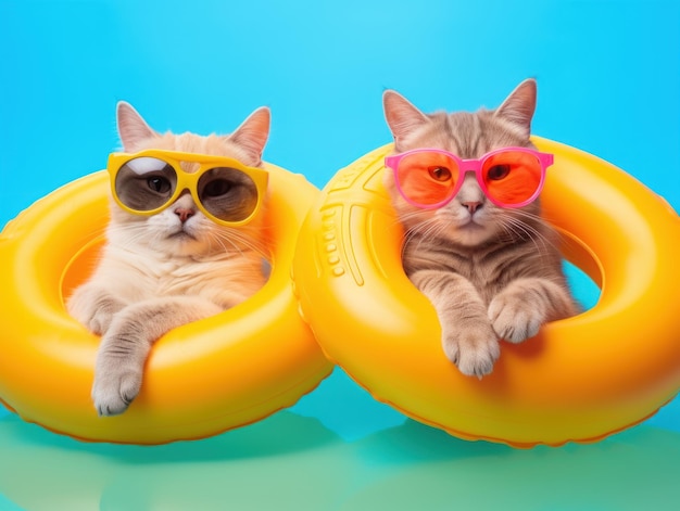 Gatos lindos y divertidos con modernas gafas de sol amarillas generadas por IA