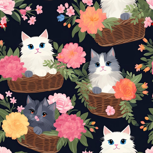 Gatos lindos y esponjosos en cestas de flores con un patrón sin costuras