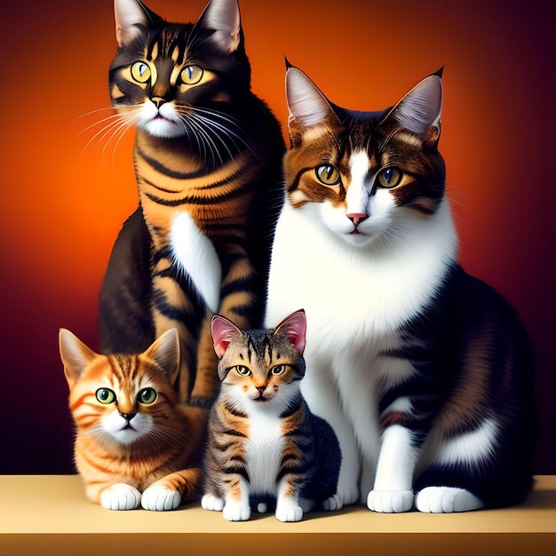 Gatos lindos Ilustración de retratos realistas en el concepto de la mesa