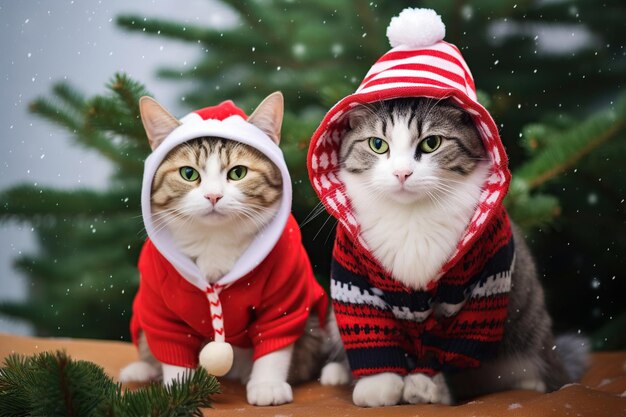 Gatos lindos en trajes de Navidad se sientan cerca del árbol de Navidad Luces espíritu navideño IA generativa