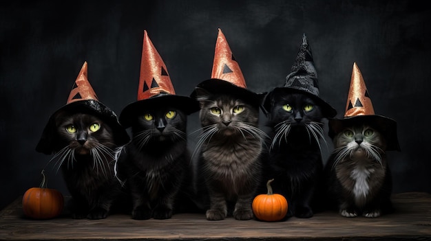 Foto gatos mágicos de halloween con sombreros de bruja grupo de disfraces de mascotas encantadoras