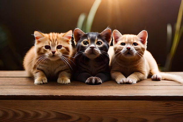 gatos en una mesa de madera con el sol detrás de ellos