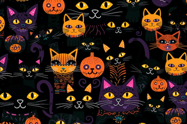 Gatos negros Patrón de Halloween Gato brujo Papel tapiz de fondo Generación AI