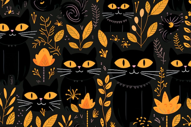 Gatos negros Patrón de Halloween Gato brujo Papel tapiz de fondo Generación AI
