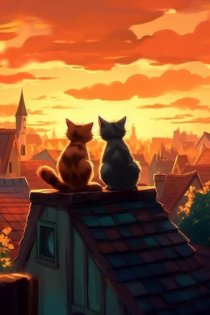 Gatos no telhado olhando o pôr do sol