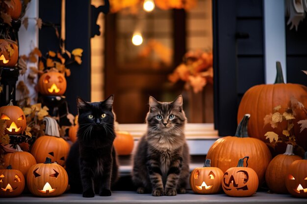 Gatos y perros con disfraces de Halloween sentados en el porche decorado